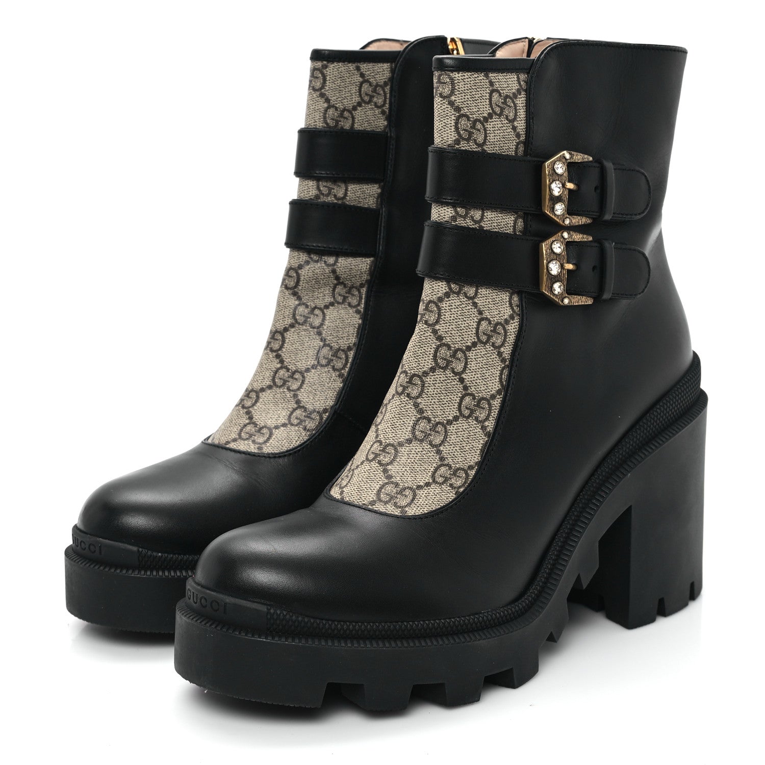 Gucci Kensington Calfskin Nappa GG Supreme Monogram Womens Double Buckle Ankle Boots 41 Black 4 of 11