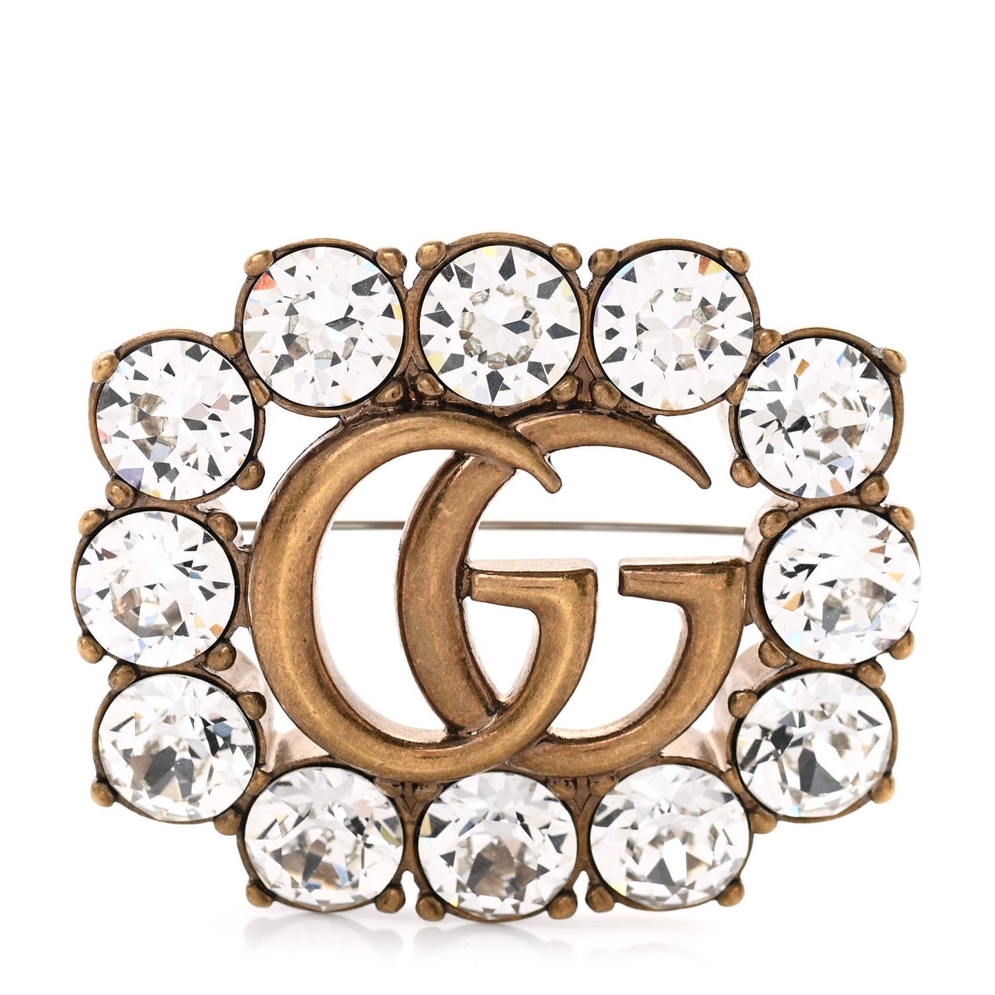 Metal Crystal Double G Brooch Aged Gold