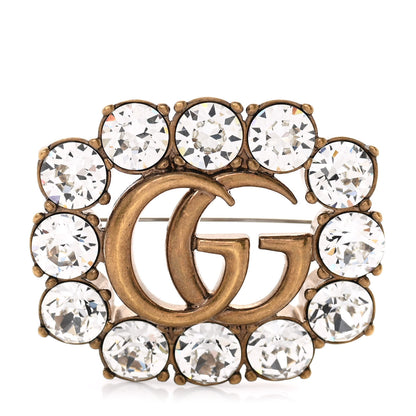 Gucci Metal Crystal Double G Brooch Aged Gold 1 of 6
