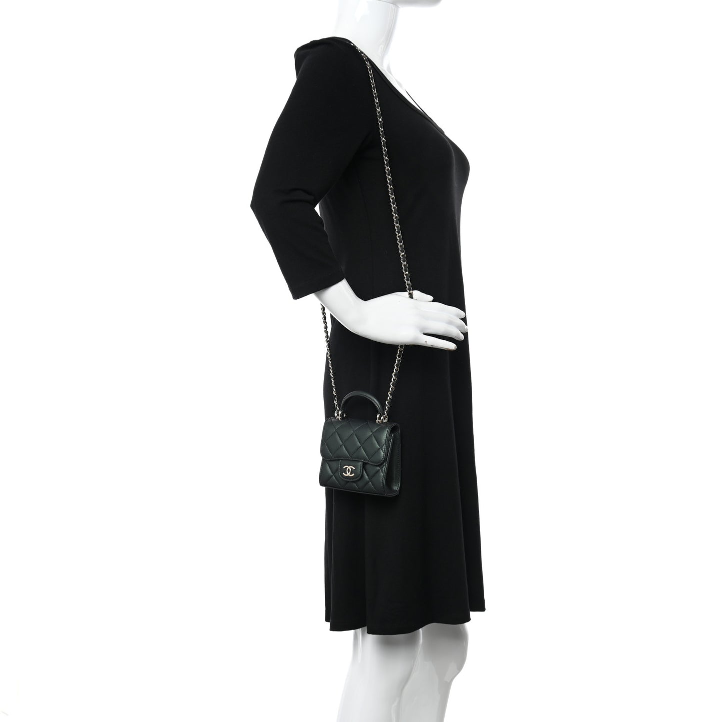 Iridescent Lambskin Quilted Top Handle Flap Clutch With Chain Dark Green