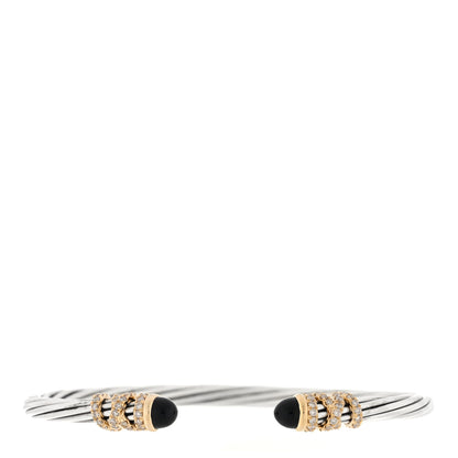David Yurman Sterling Silver 18K Yellow Gold Diamond Black Onyx 4mm Helena Cuff Bracelet 1 of 3
