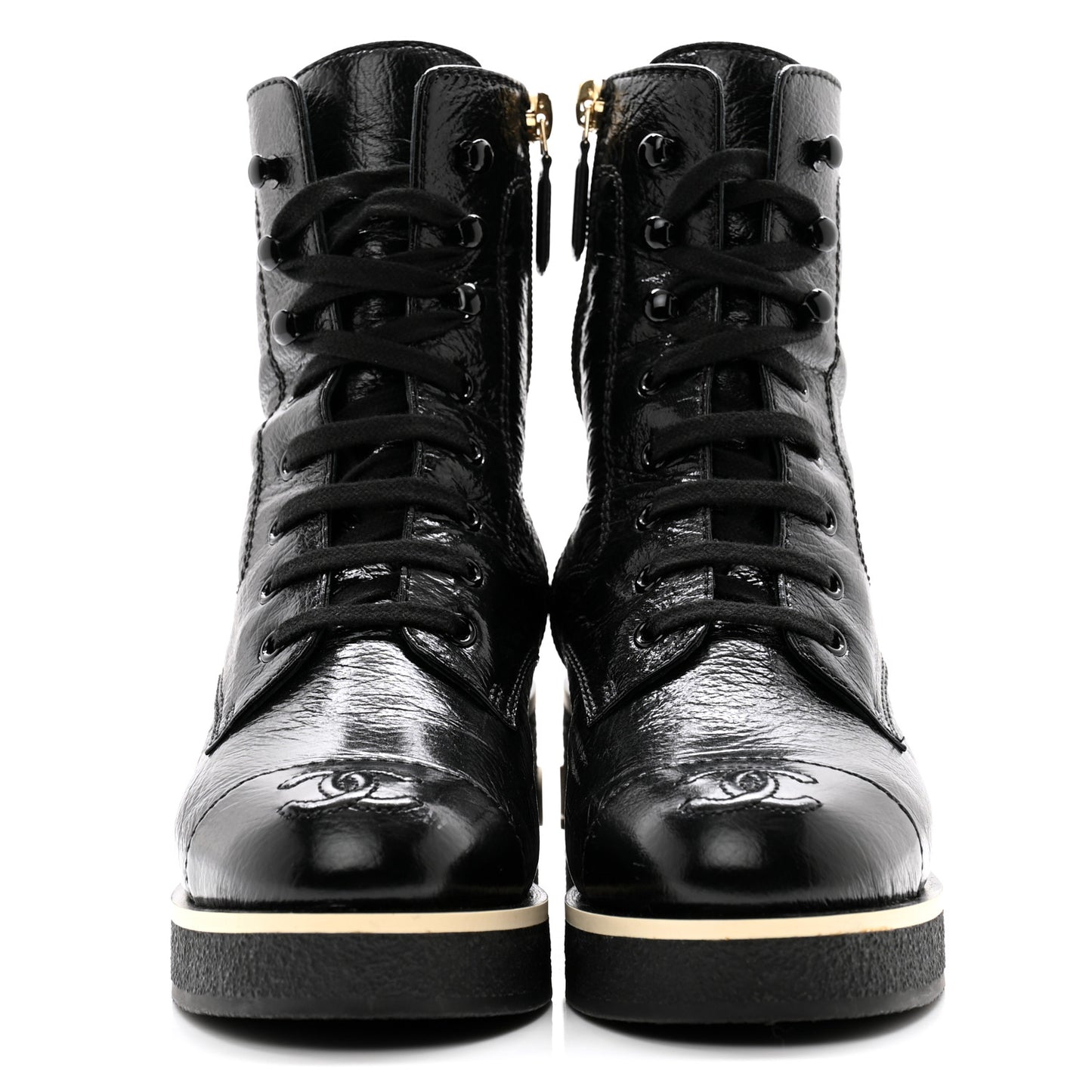 Shiny Crumpled Lambskin Lace Up Combat Boots 36 Black
