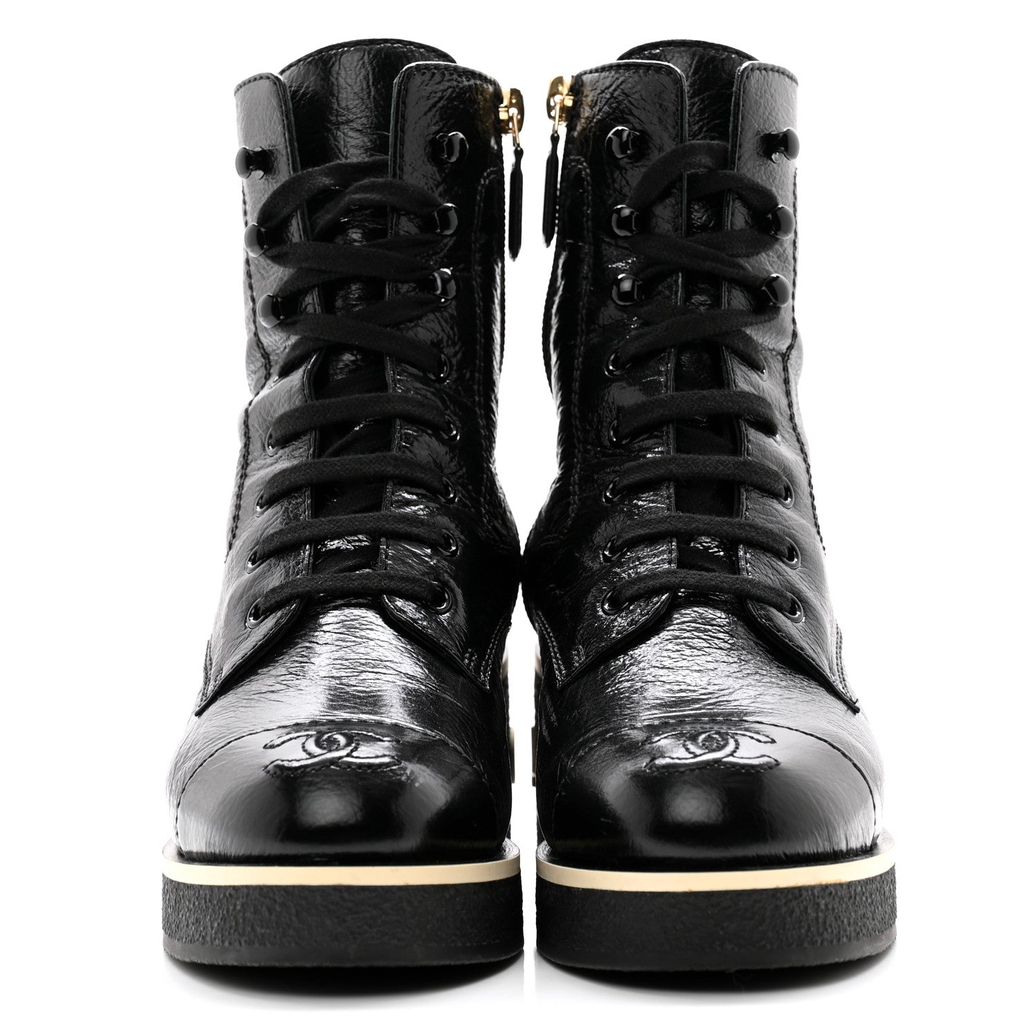Chanel Shiny Crumpled Lambskin Lace Up Combat Boots 36 Black 2 of 10