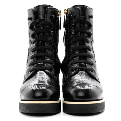 Chanel Shiny Crumpled Lambskin Lace Up Combat Boots 36 Black 2 of 10