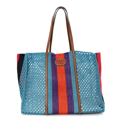 Gucci Raffia Web Woven Interlocking G Tote Blue Multicolor 1 of 10