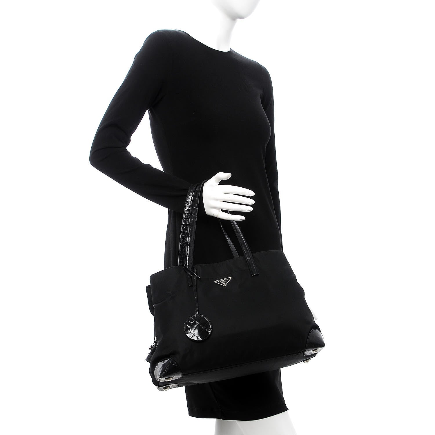 Prada Tessuto Nylon Calfskin Crocodile Embossed Tote Nero Black 2 of 12