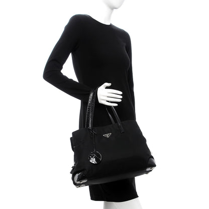 Prada Tessuto Nylon Calfskin Crocodile Embossed Tote Nero Black 2 of 12