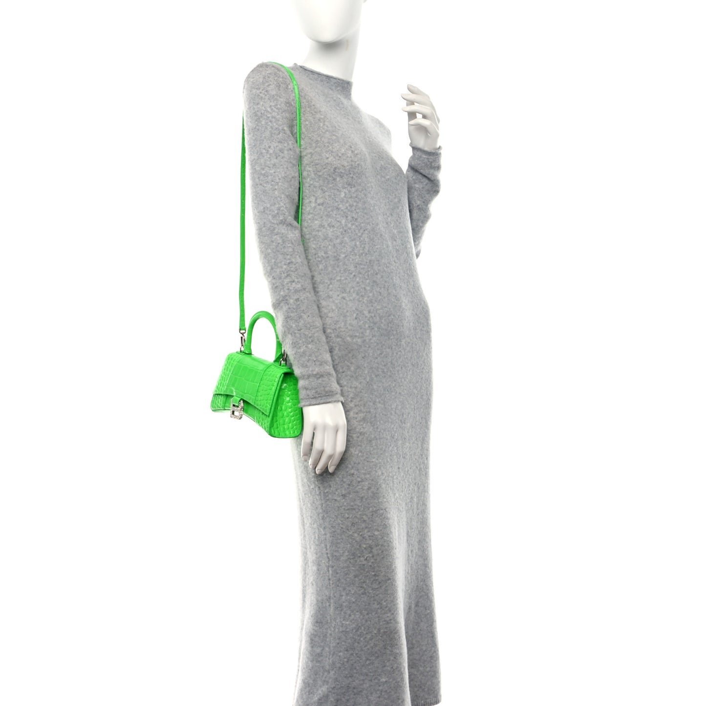 Shiny Calfskin Strass Crocodile Embossed Hourglass Top Handle Bag XS Fluo Green