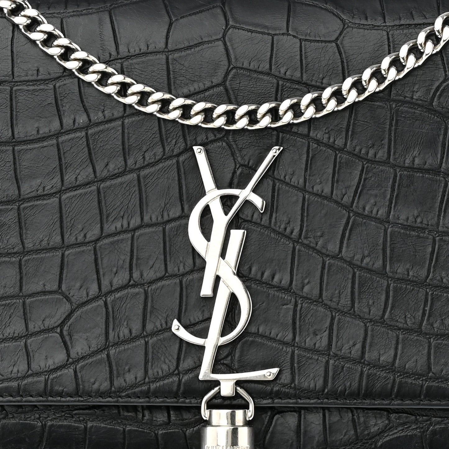 Calfskin Crocodile Embossed Medium Classic Monogram Kate Tassel Satchel Black