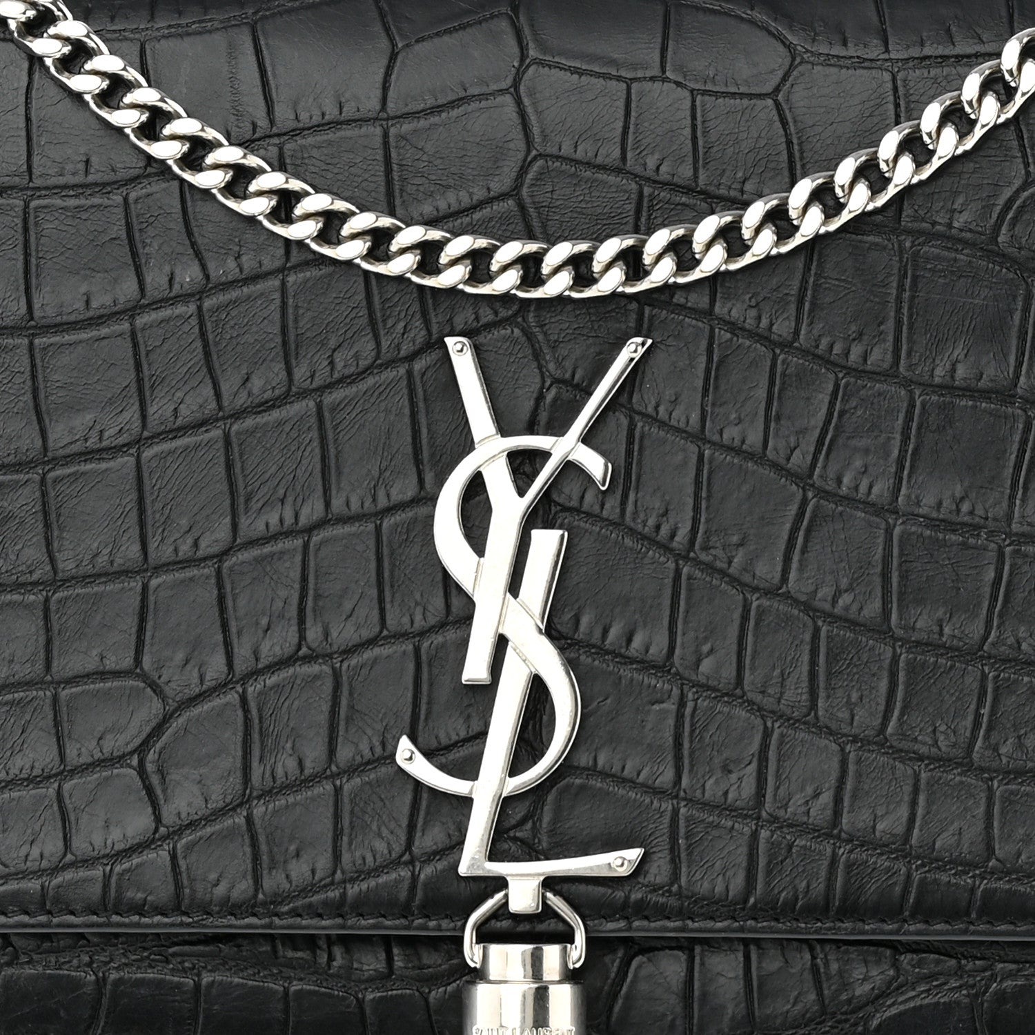 Saint Laurent Calfskin Crocodile Embossed Medium Classic Monogram Kate Tassel Satchel Black 7 of 9