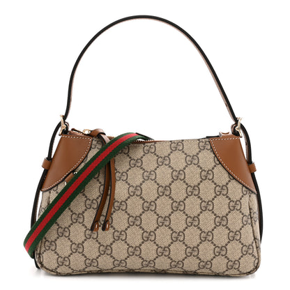 Gucci GG Supreme Monogram Textured Calfskin Small Emblem Shoulder Bag Beige Dark Brown 1 of 11