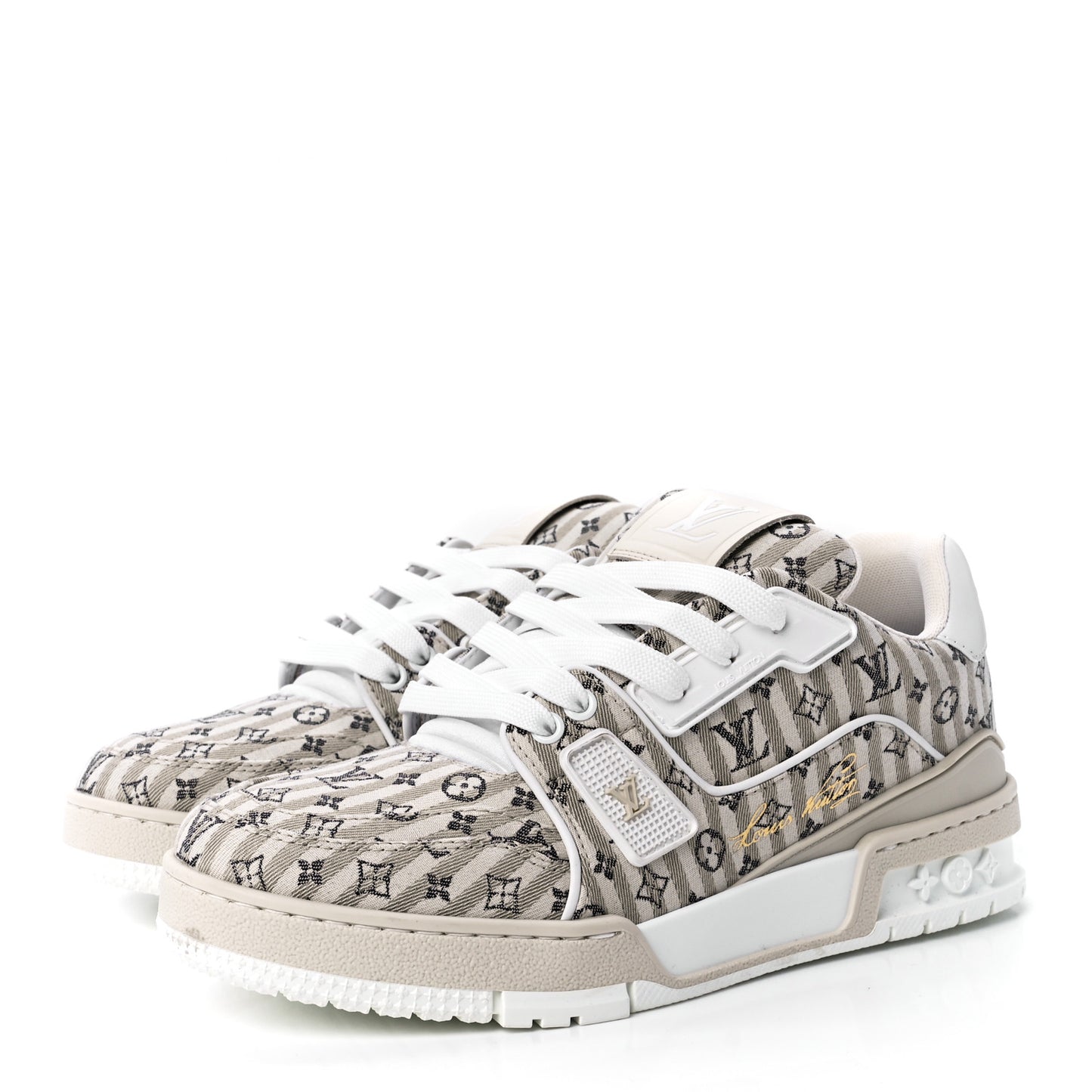 Canvas Monogram Mens Striped LV Trainer Sneakers 4 Beige