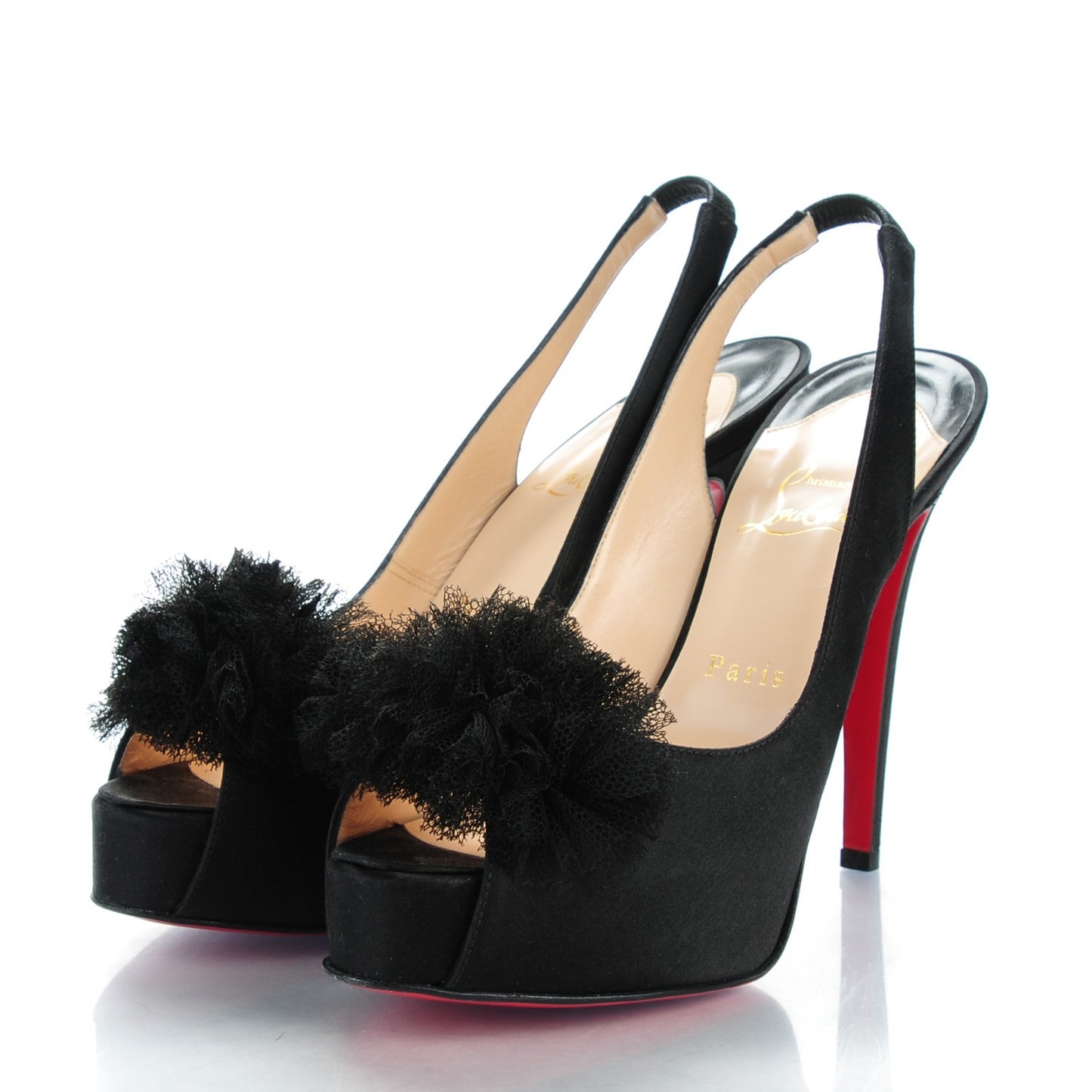Satin Platform Slingback Peep Toe Pumps 38.5 Black