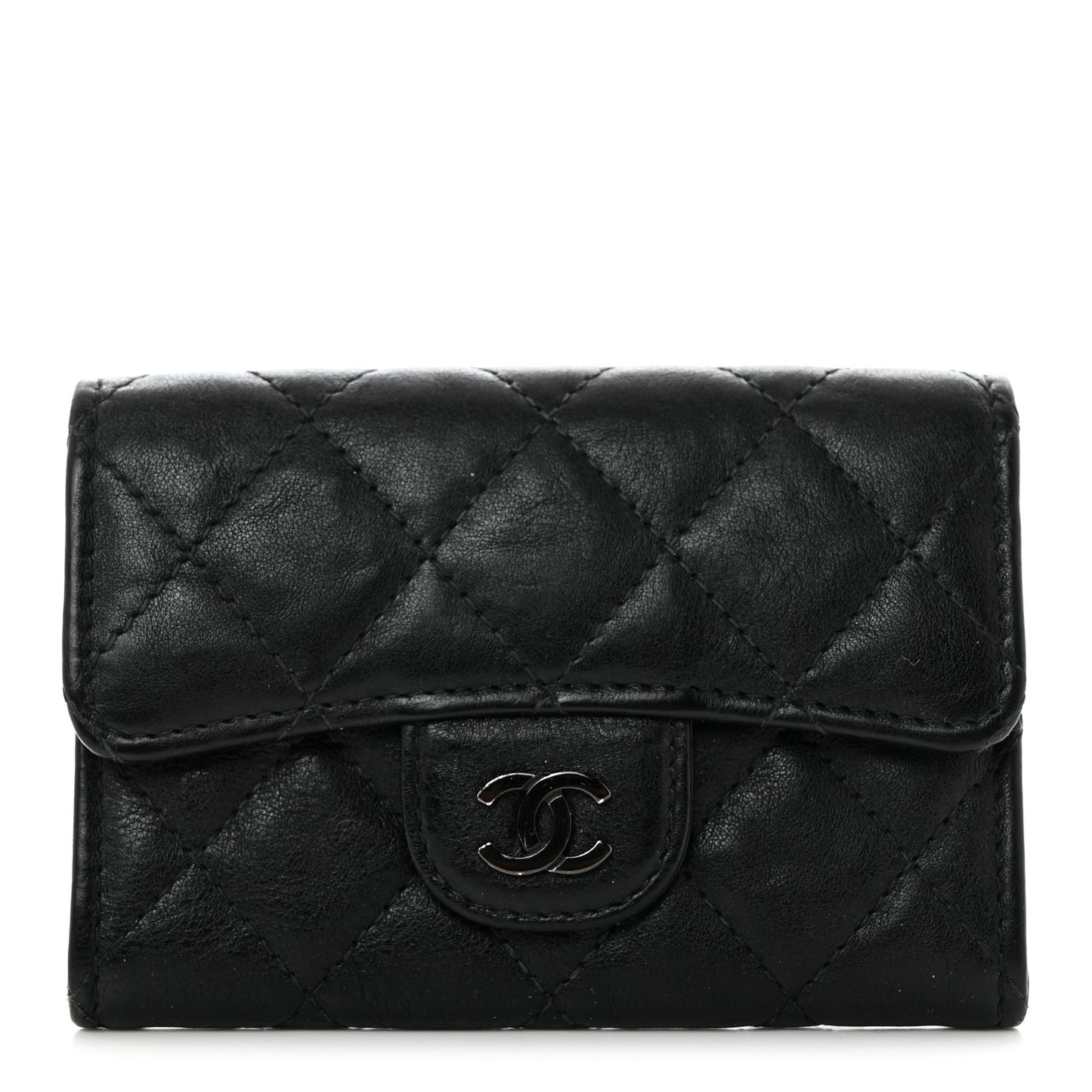 Crumpled Calfskin Quilted Flap Card Holder Wallet So Black