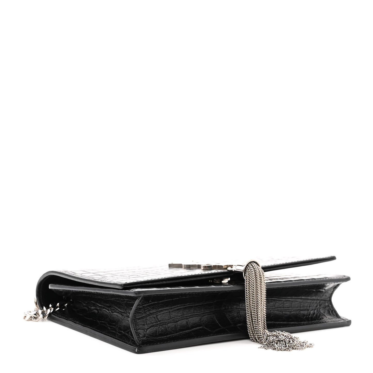 Calfskin Crocodile Embossed Medium Classic Monogram Kate Tassel Satchel Black