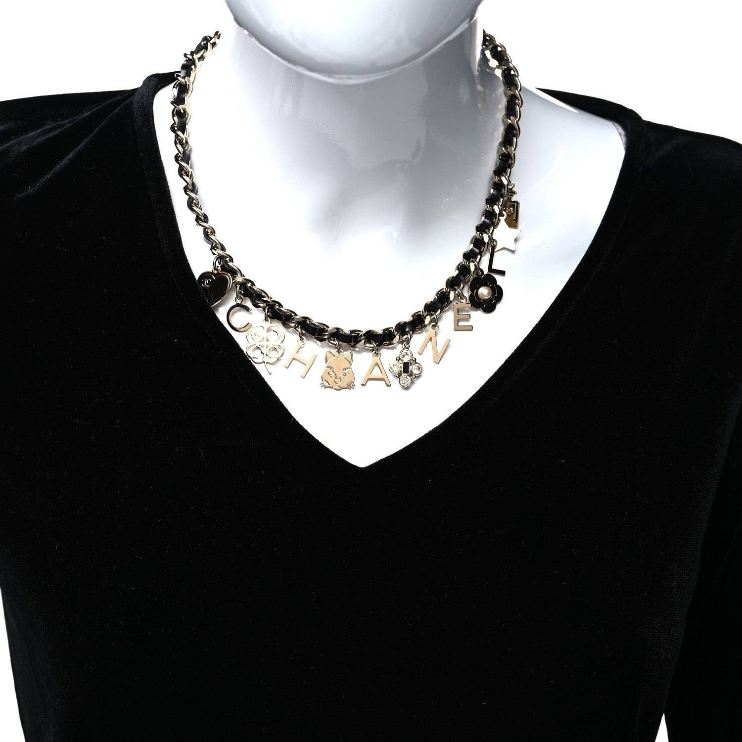 Chanel Lambskin Crystal CC Logo Charming Necklace Gold Black 1 of 5