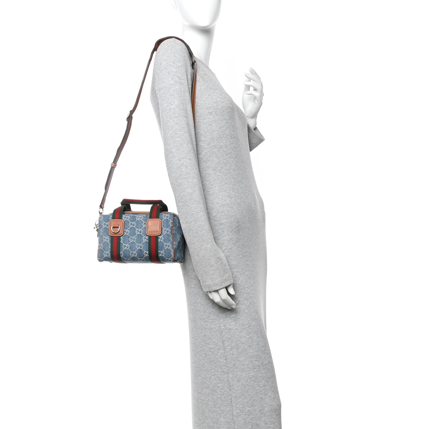 GG Denim Calfskin Web Mini GG Top Handle Bag Light Blue White