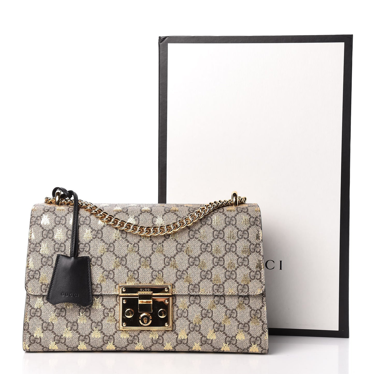 GG Supreme Monogram Bees Medium Padlock Shoulder Bag Beige Oro Black