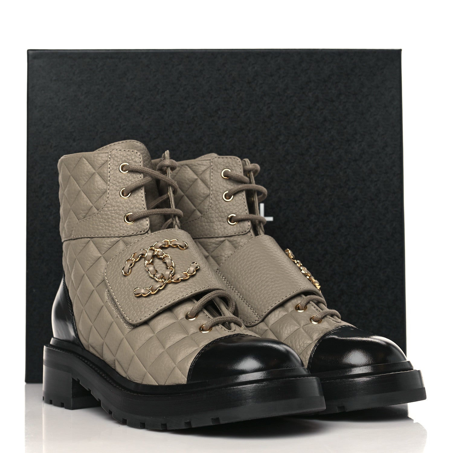 Chanel Calfskin Shiny Calfskin Quilted Lace Up Combat Boots 38.5 Dark Beige Black 7 of 7