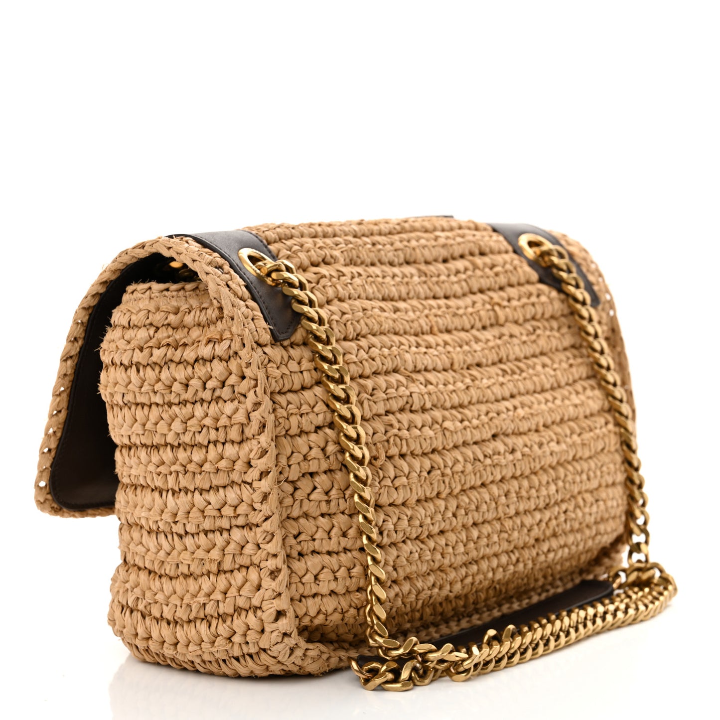 Raffia Calfskin Monogram Medium Niki Chain Satchel Natural