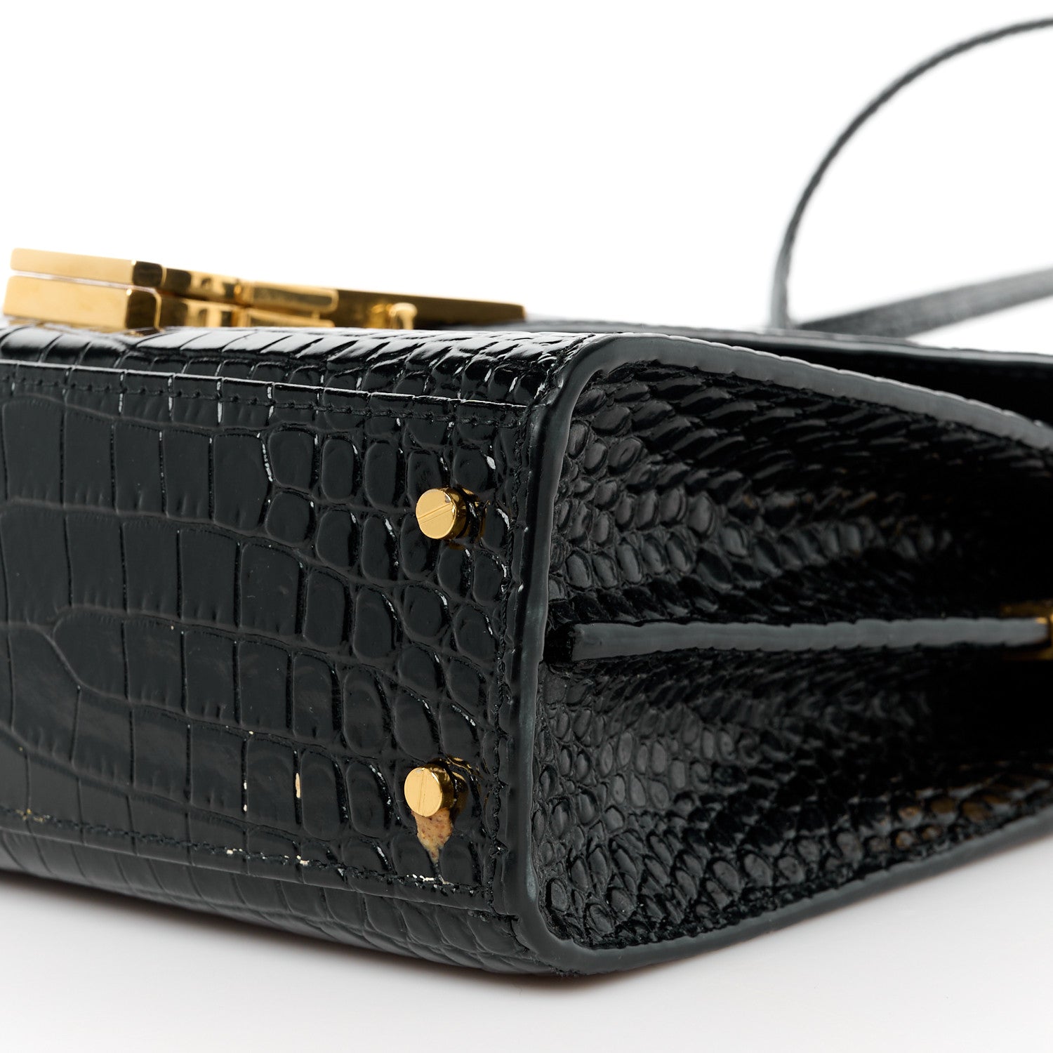 Saint Laurent Calfskin Crocodile Embossed Mini Classic Monogram Cassandra Top Handle Black 10 of 11