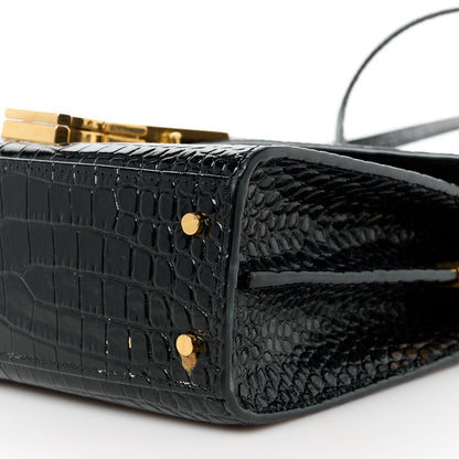Saint Laurent Calfskin Crocodile Embossed Mini Classic Monogram Cassandra Top Handle Black 10 of 11