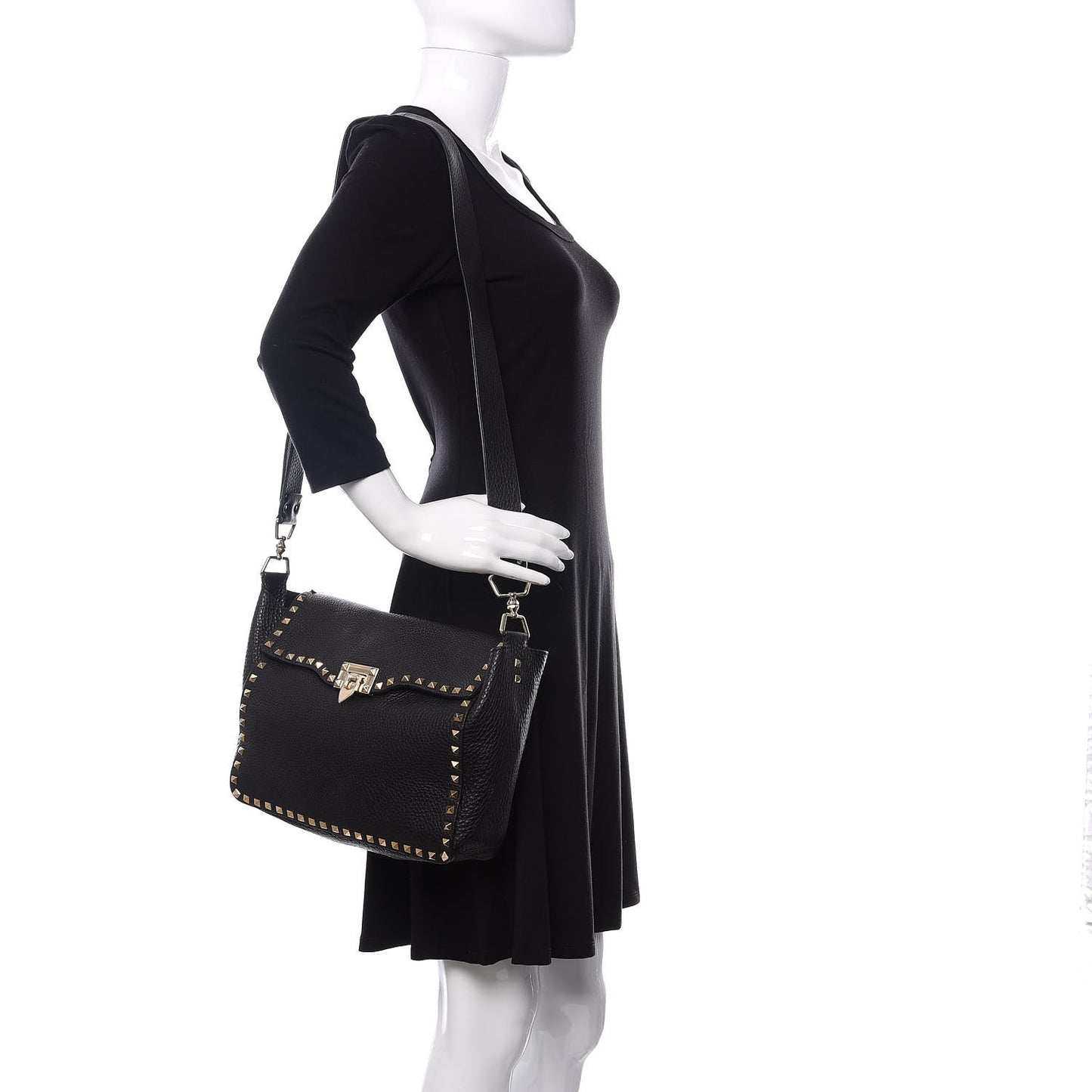 Pebbled Calfskin Rockstud Flip Lock Flap Messenger Satchel Black