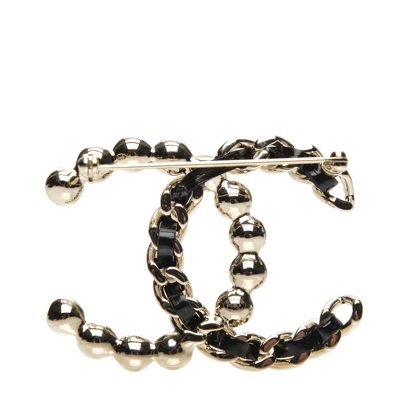 lambskin Pearl CC Chain Brooch Black Gold