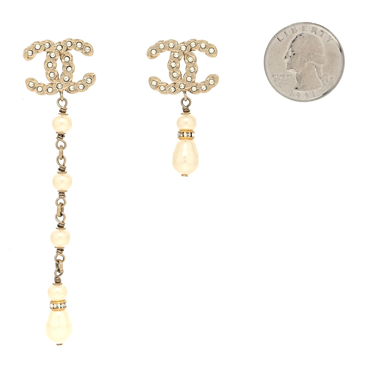 Pearl Crystal CC Uneven Drop Earrings Gold