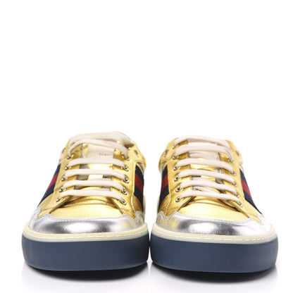 Gucci Metallic Nappa Web Mens Low Top Sneakers 8 Argento Oro Vecchio 2 of 10