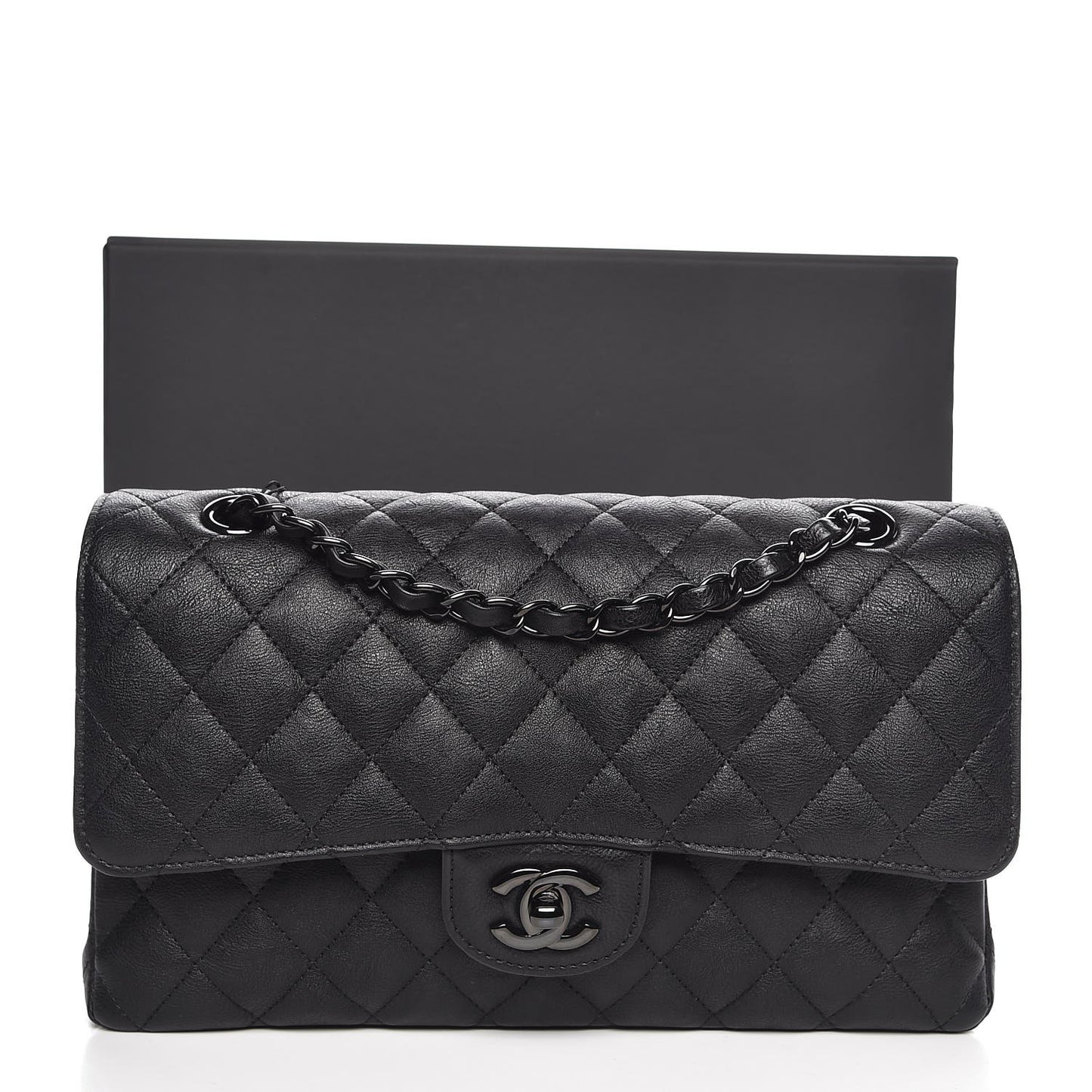 Crumpled Calfskin Quilted Medium Double Flap So Black