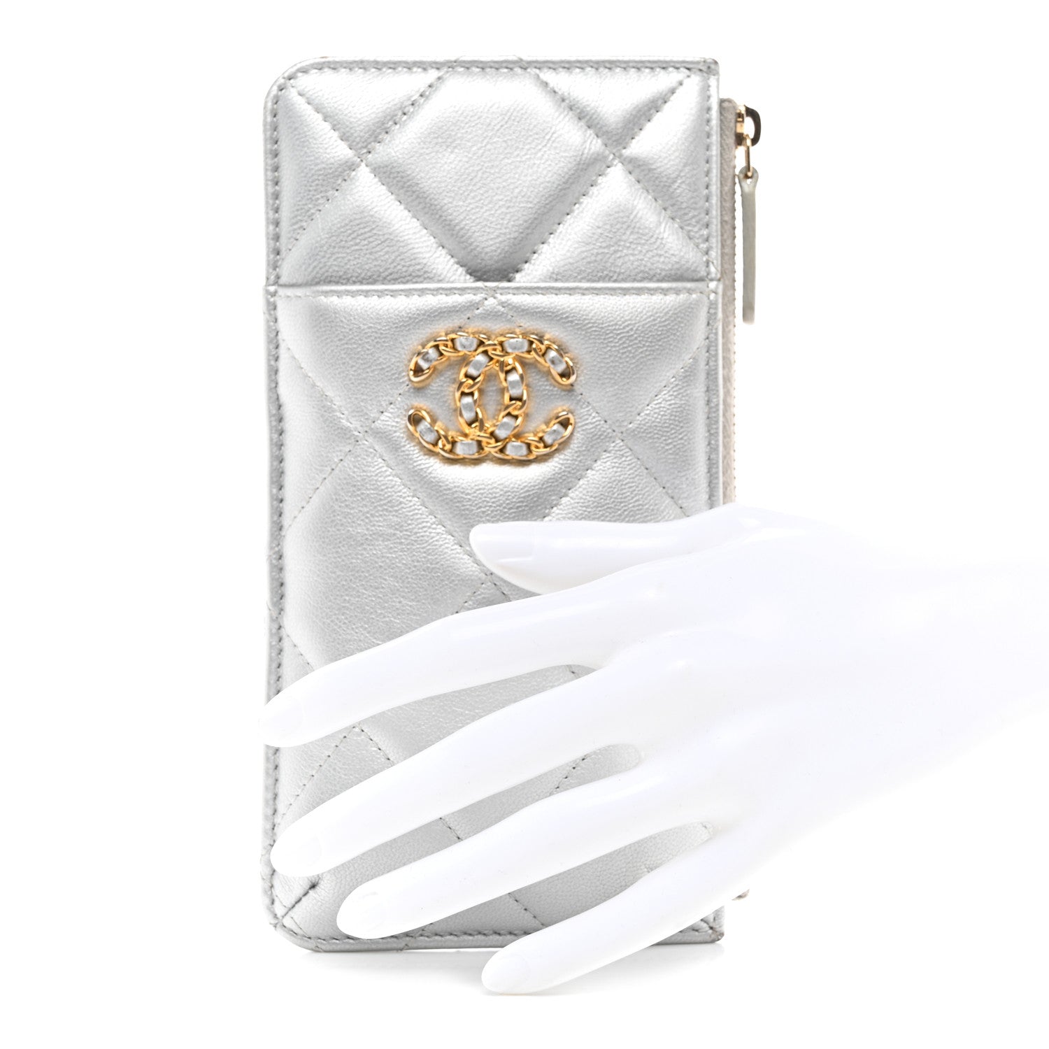 Chanel Metallic Goatskin Quilted Chanel 19 Flat Wallet Pouch Silver 2 of 8