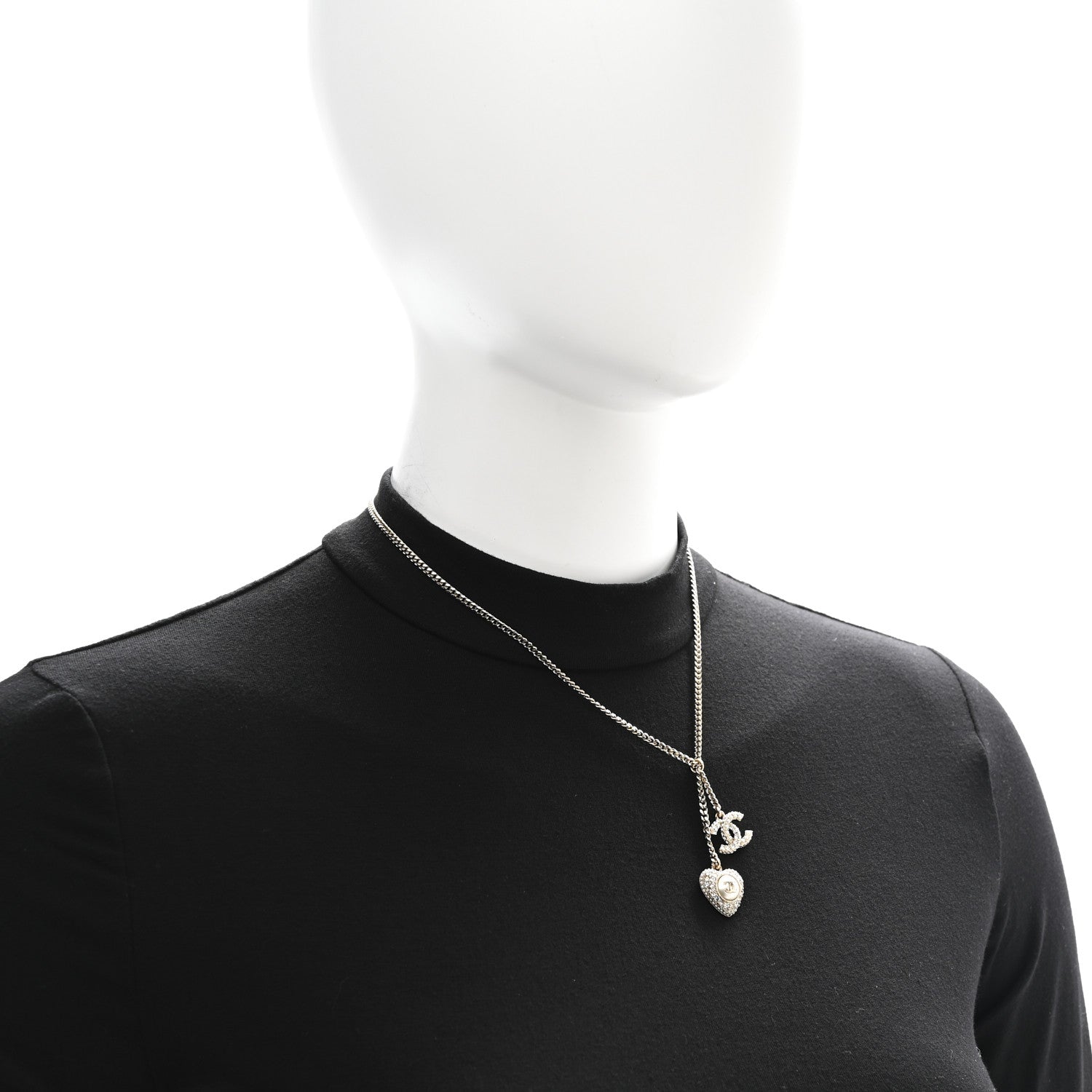 Chanel Pearl Crystal CC Heart Necklace Gold Pearly White 2 of 7