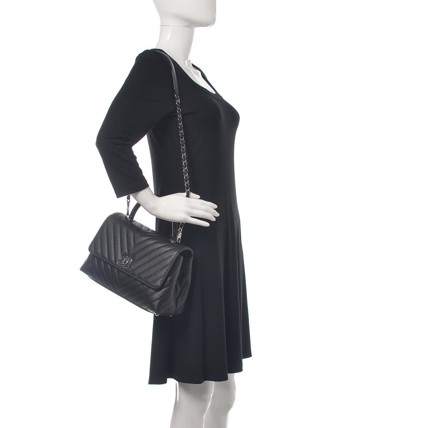 Caviar Chevron Quilted Small Coco Handle Flap Black
