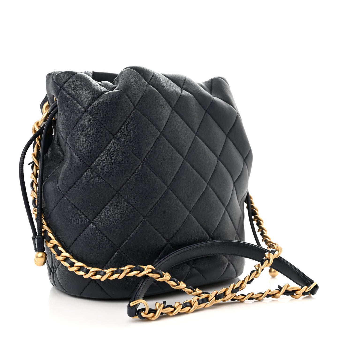 Shiny Lambskin Quilted Chain Is More Drawstring Bag Navy
