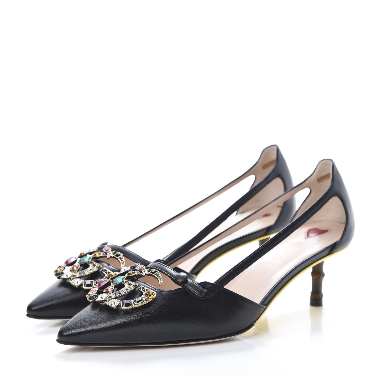 Gucci Malaga Kid Bamboo Crystal Double G Low Heel Pumps 37 Black 3 of 10