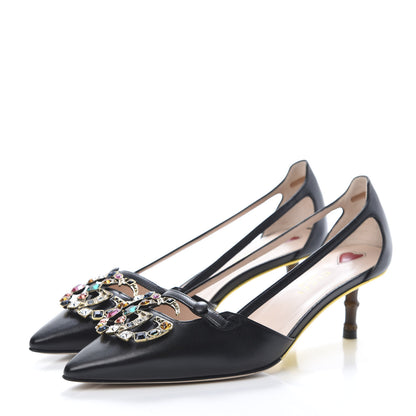 Gucci Malaga Kid Bamboo Crystal Double G Low Heel Pumps 37 Black 3 of 10