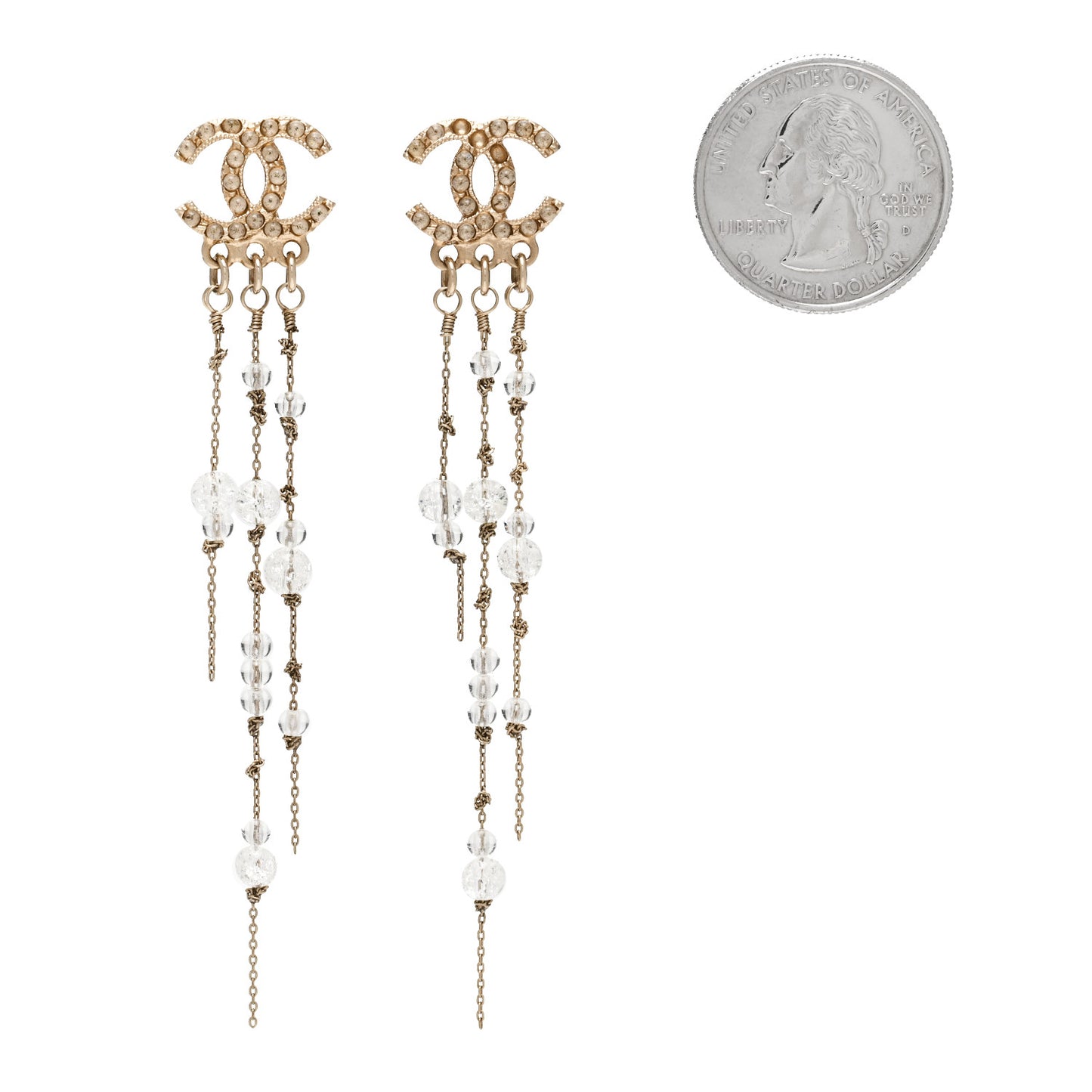 Pearl CC Long Chain Drop Earrings Gold