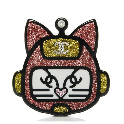 Chanel Resin Crystal Cat Emoji Brooch Black Pink Yellow 1 of 4