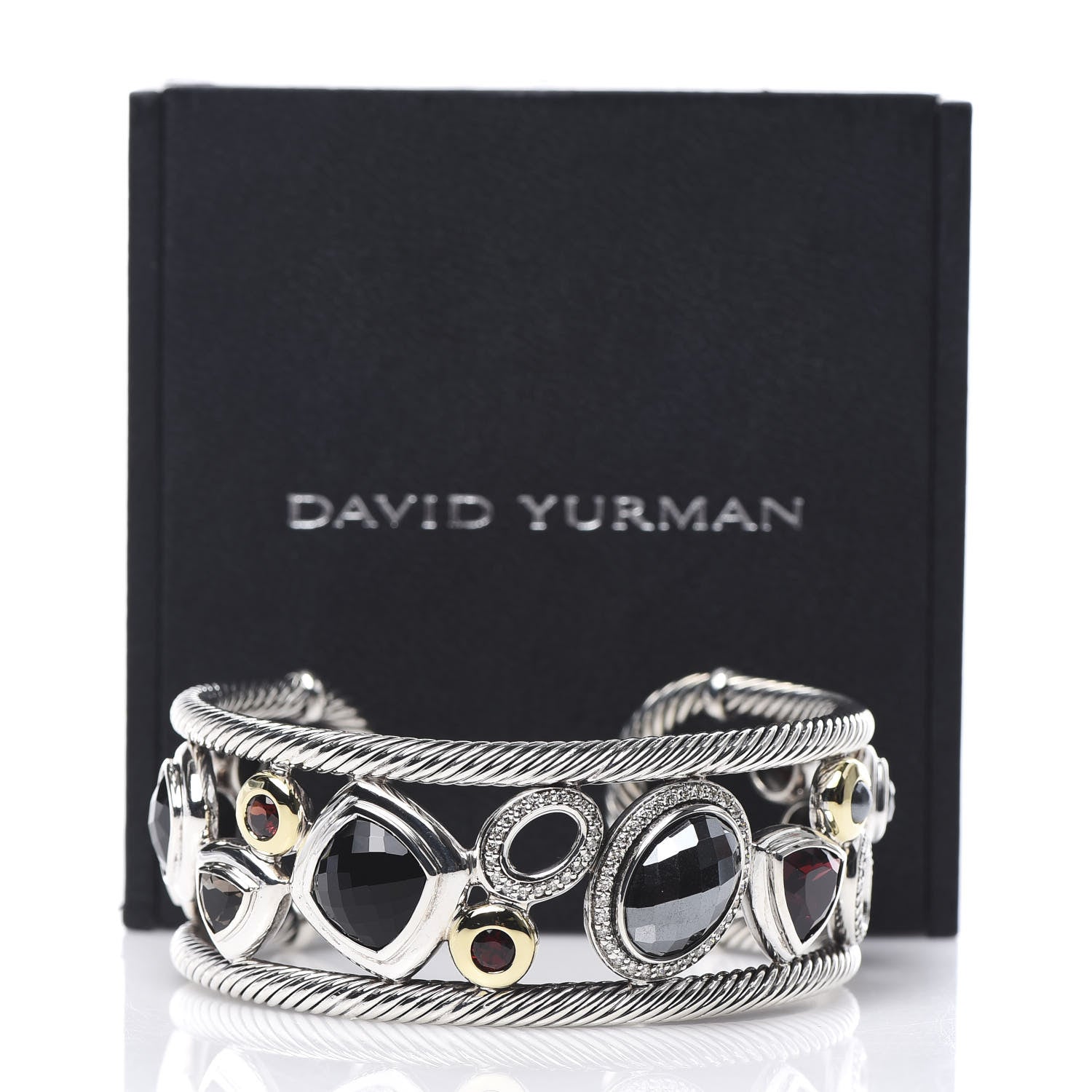 David Yurman Sterling Silver 18K Yellow Gold Diamond Garnet Hematite Onyx Smoky Quartz Mosaic Cuff Bracelet 5 of 5