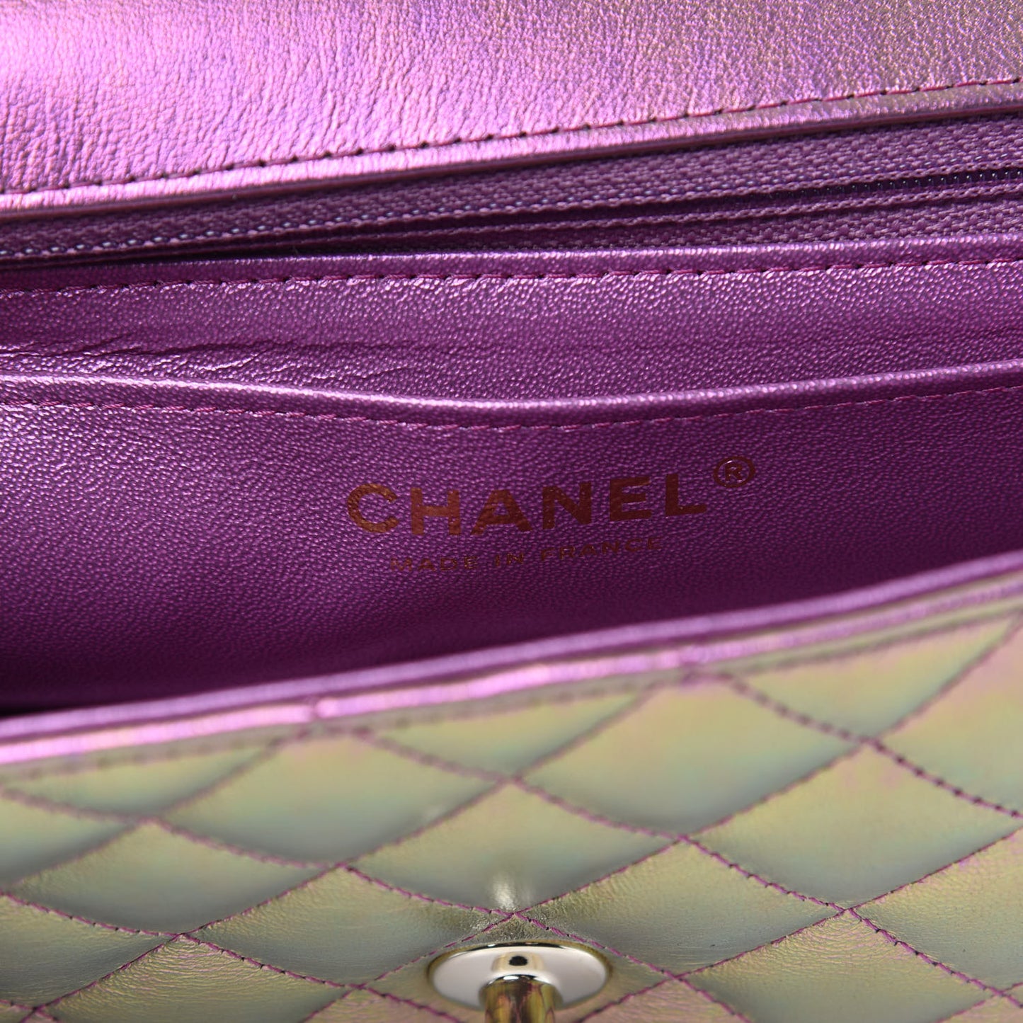 Iridescent Lambskin Quilted Mini Rectangular Flap Purple