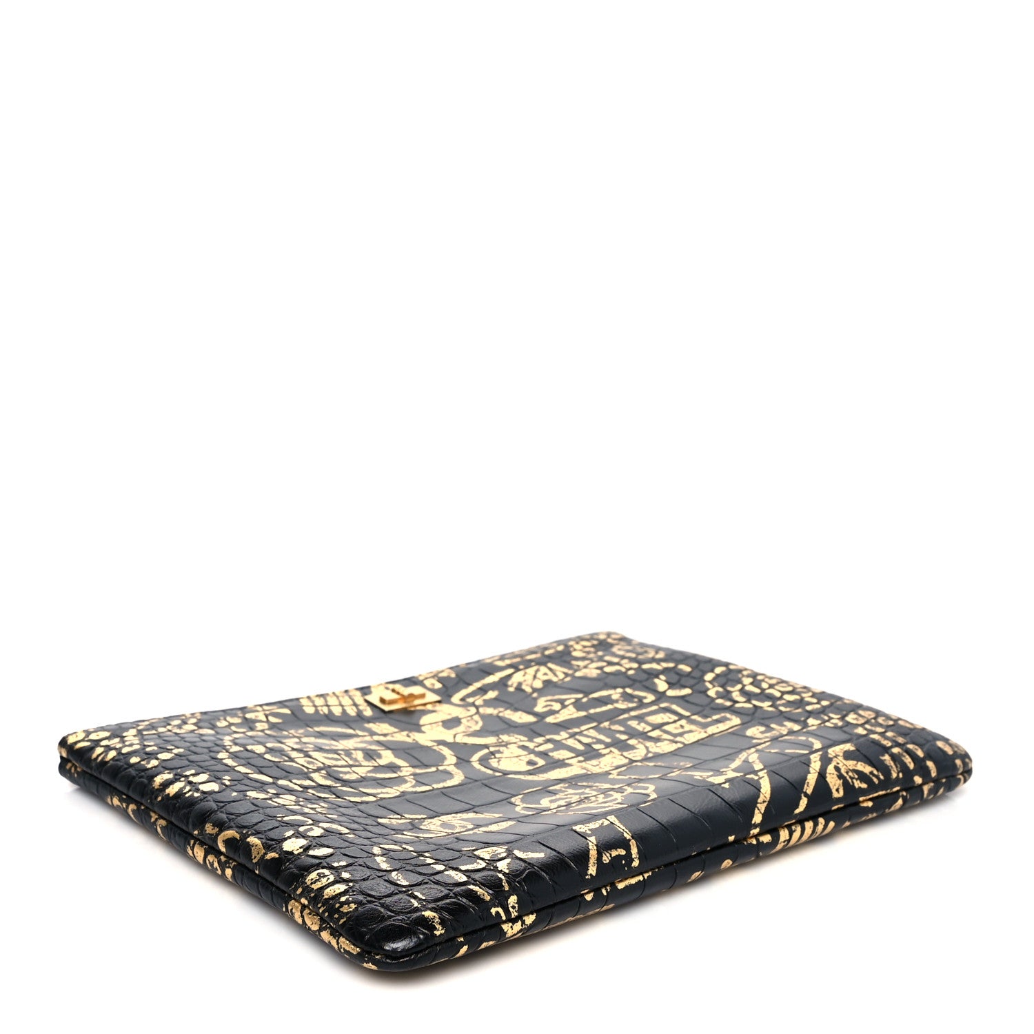 Chanel Calfskin Crocodile Embossed Graffiti 2.55 Medium Cocodile Reissue Cosmetic Case Black Gold 4 of 9