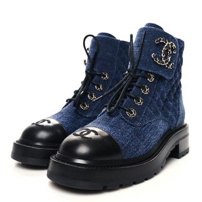 Chanel Shiny Calfskin Velvet Quilted Lace Up Combat Boots 37 Blue 3 of 9