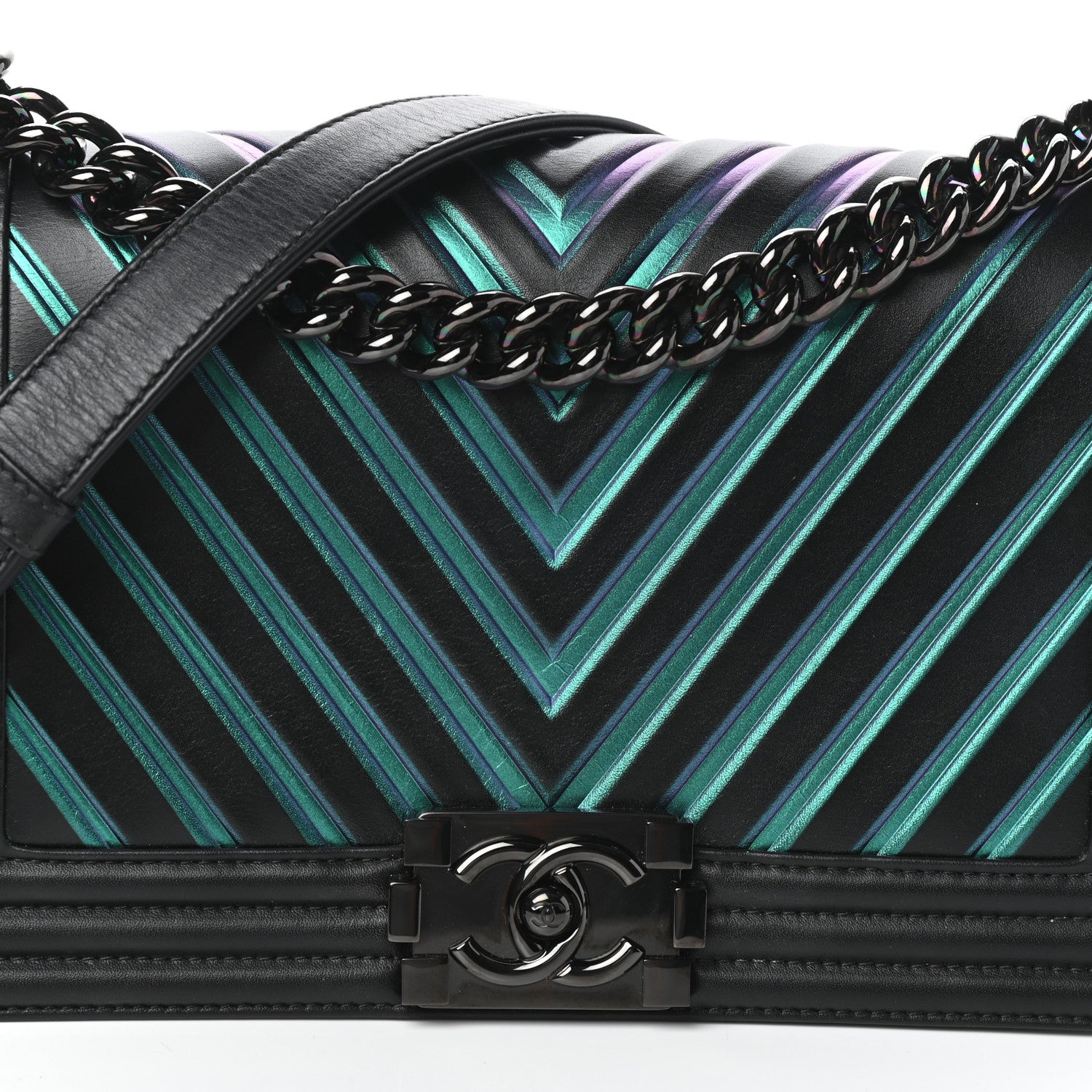 Chanel Calfskin Painted Chevron Embossed Medium Boy Flap Black 10 of 10