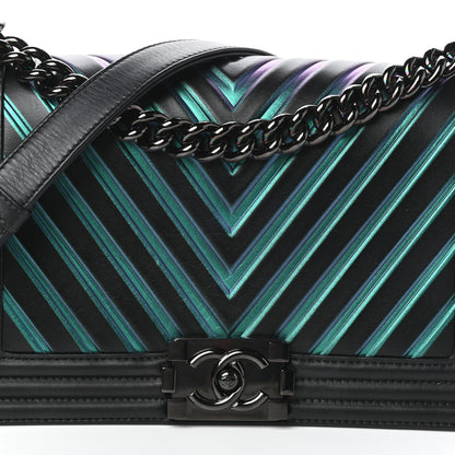 Chanel Calfskin Painted Chevron Embossed Medium Boy Flap Black 10 of 10