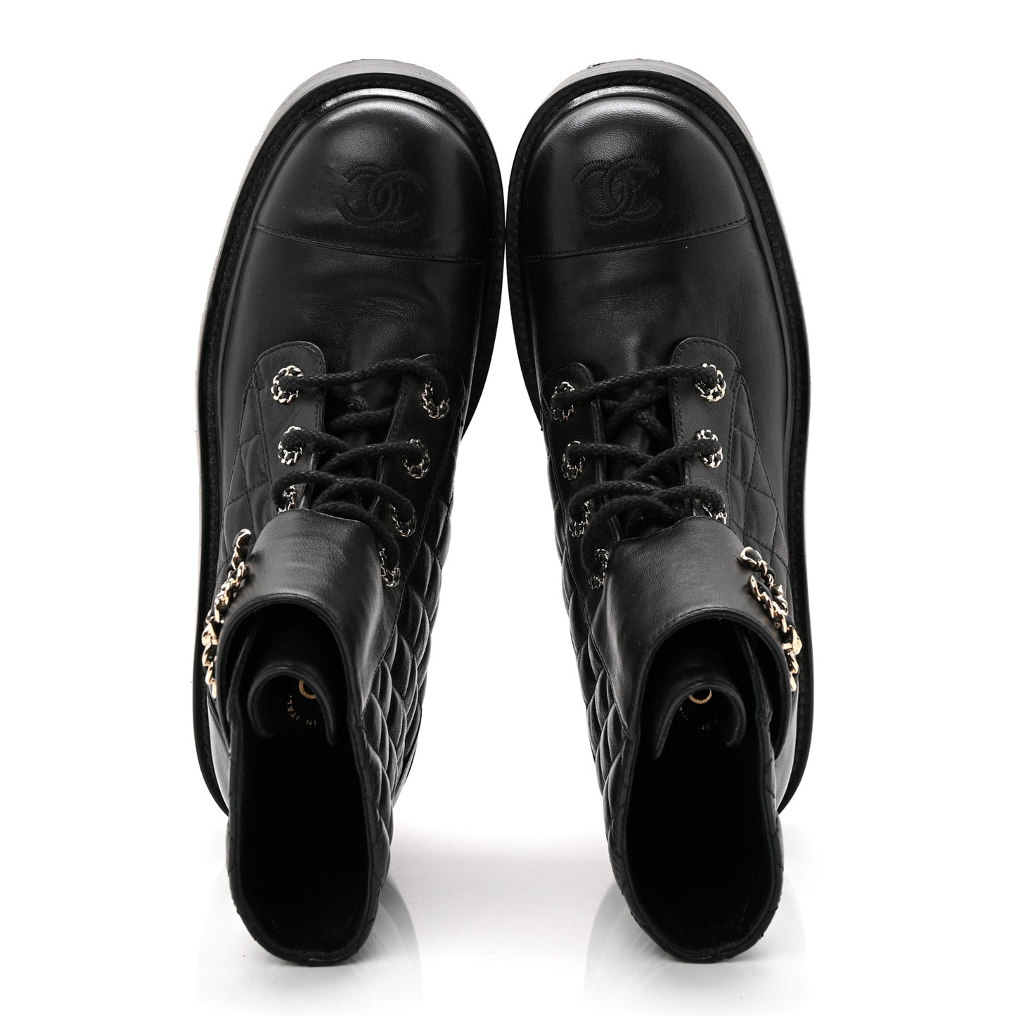 Shiny Lambskin Quilted Lace Up Combat Boots 38.5 Black
