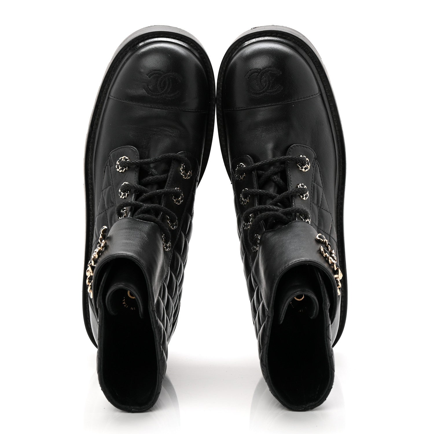 Chanel Shiny Lambskin Quilted Lace Up Combat Boots 38.5 Black 5 of 9