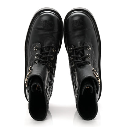 Chanel Shiny Lambskin Quilted Lace Up Combat Boots 38.5 Black 5 of 9