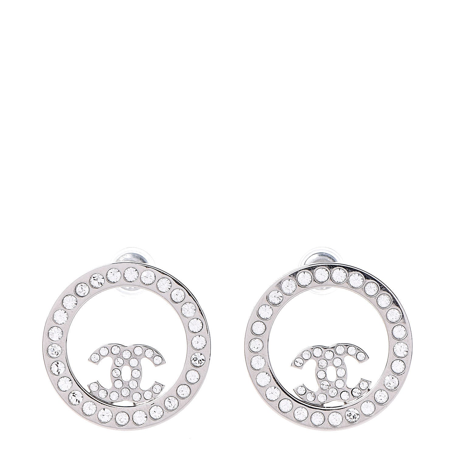 Chanel Crystal CC Round Earrings Silver 1 of 4
