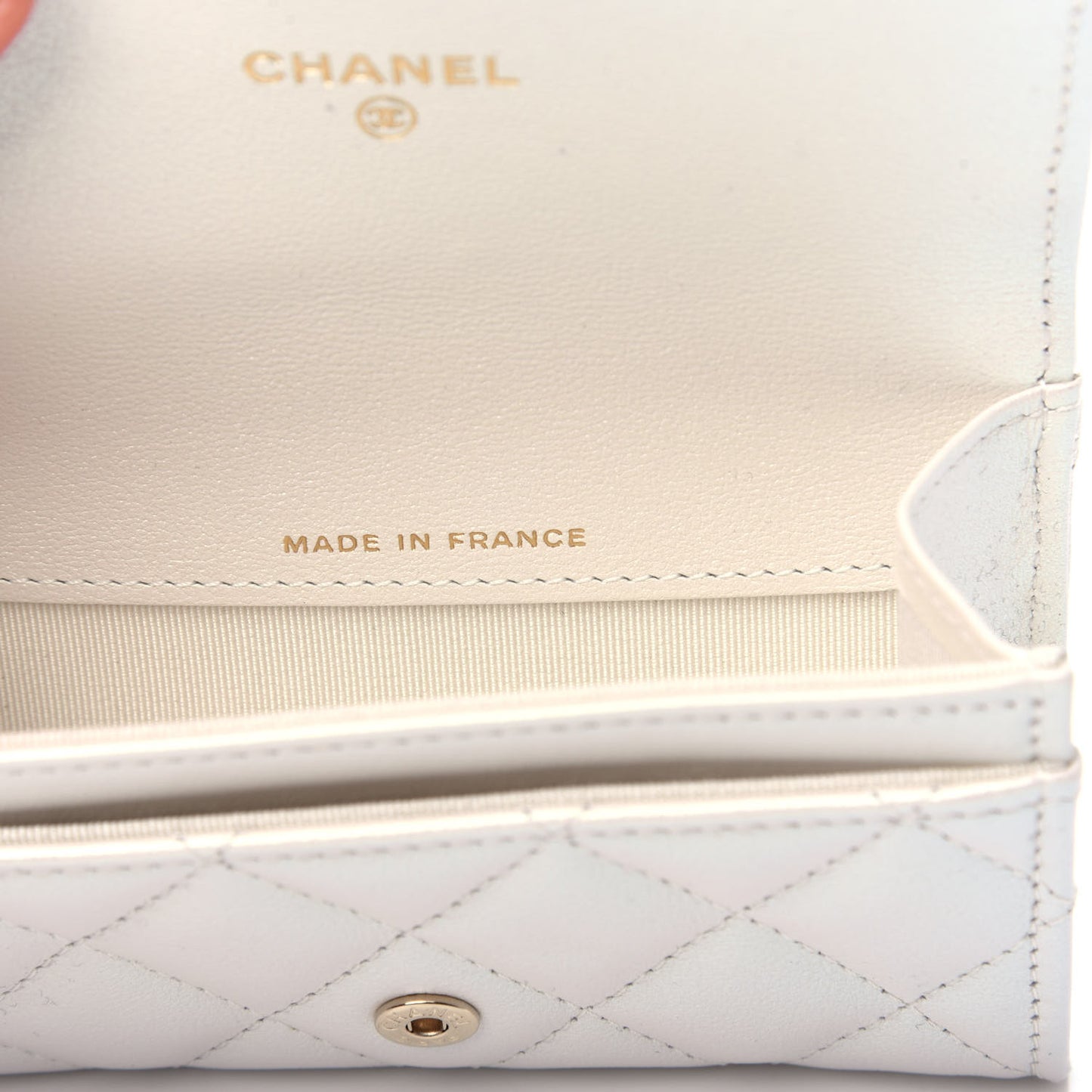 Iridescent Calfskin Quilted Flap Card Holder Wallet Ivory
